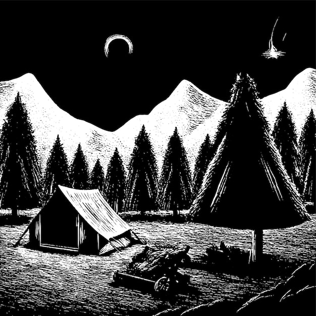 Letni Kemping Las Namiot Sprzęt Ręcznie Narysowany Płaski Stylowy Naklejka Kreskówkowa Ikonka Koncepcja Odizolowana