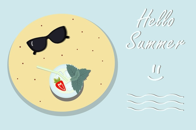 Letni Kolorowy Design Z Okularami Koktajlowymi I Przeciwsłonecznymi Oraz Napisem Hello Summer Summertime Design