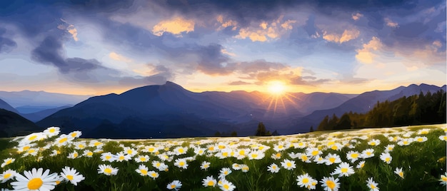 Plik wektorowy letni krajobraz polne stokrotki na tle góry dzika przyroda z niebem z chmurami zachód słońca