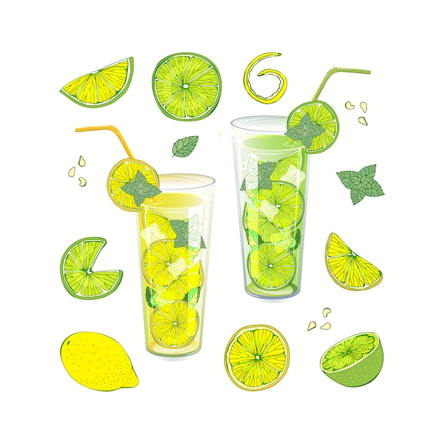 Plik wektorowy letni napój owocowy. lemoniada i mojito wlewane do różnych potraw. cytrynę i limonkę pokroić w różne plastry.