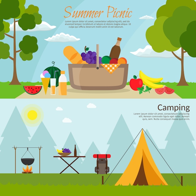 Plik wektorowy letni piknik na łące pod niebem. arbuz na trawie, owoce, wino, grill, grill i grill.