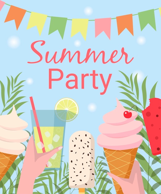 Letni piknik party lemoniada w ręku lody waniliowe lody stożek ilustracji wektorowych Projekt koncepcyjny