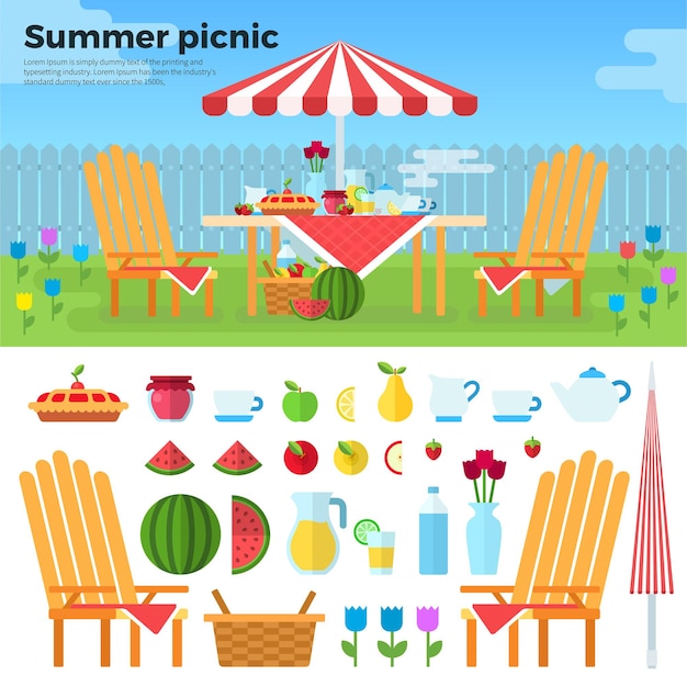Letni Piknik W Ogrodzie Z Kwiatami Parasol Krzesła Kosz Z Jedzeniem Ciasto Owocowe