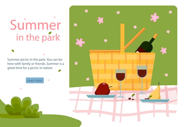 Letni piknik w parku Piknikowy kosz z winem na obrusie na trawie i kieliszku jabłkowym wiśniowym gruszce