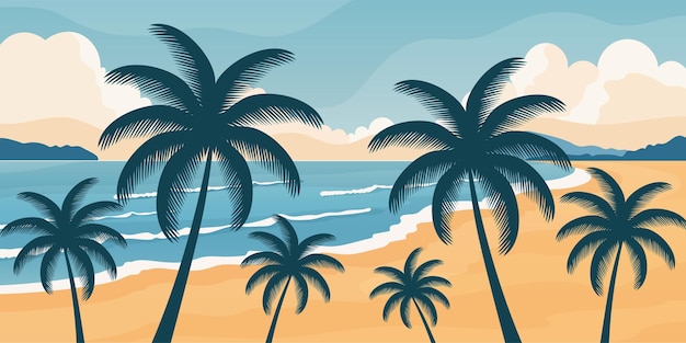 Letni tropikalny krajobraz plażowy, ilustracja wektorowa z widokiem na ocean i sylwetkami palm