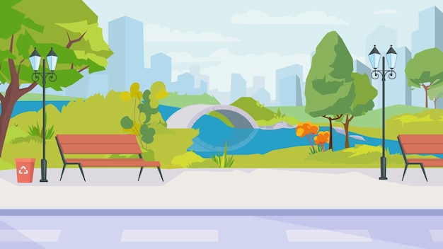 Plik wektorowy letni widok na park miejski, baner w płaskiej konstrukcji kreskówkowej. ogród publiczny lub plac z jeziorem, mostem, ławkami, latarniami i chodnikiem, pejzaż miejski z drapaczami chmur. ilustracja wektorowa tła internetowego