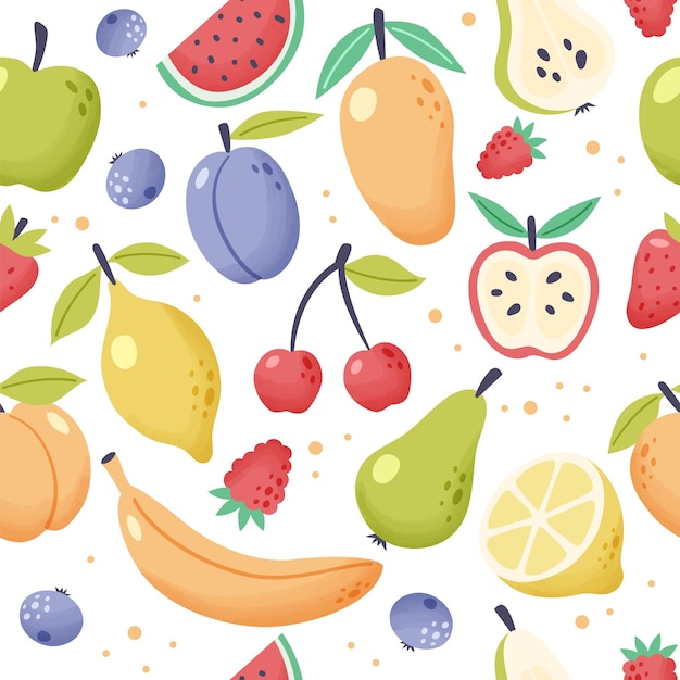 Letni Wzór Owoców świeże Owoce Tropikalne I Ogrodowe Doodle Organiczne Biologiczne Wegańskie Jedzenie