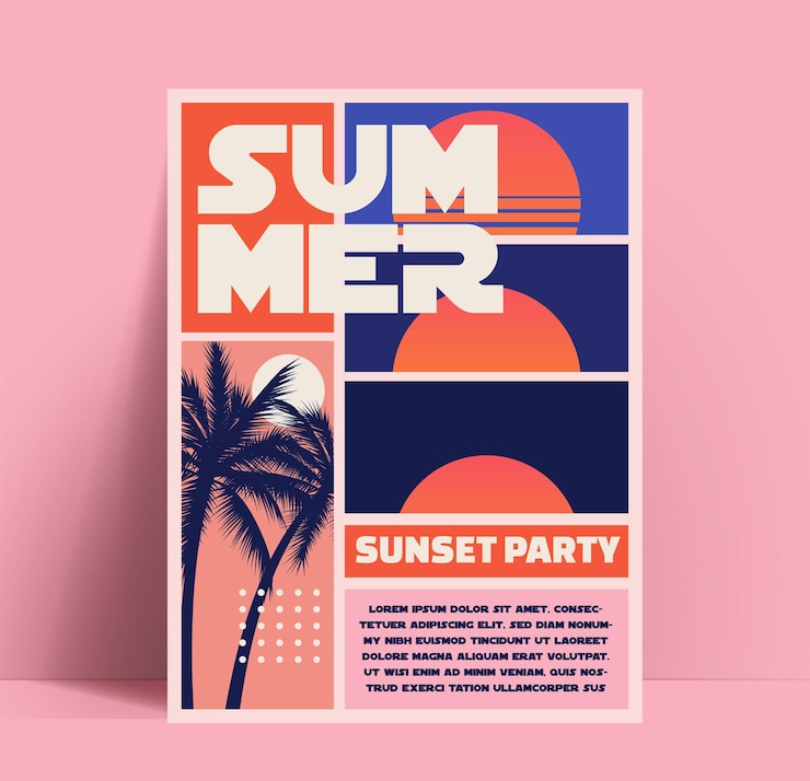 Wektor letni zachód słońca lub letnia ulotka na plaży lub plakat lub szablon projektu banera w stylu retro