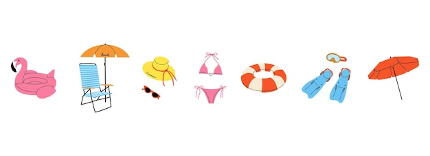 Letni zestaw plażowy parasol leżak słoneczny nadmuchiwany pierścień i piłka kapelusz kąpielowy i okulary płetwy i maska nurkowa Letnia podróż wakacyjna Wakacje morskie Wektorowy kreskówka płaska izolowana ilustracja