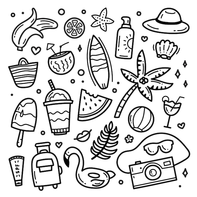 Letni zestaw różnych ilustracji wektorowych elementów doodle
