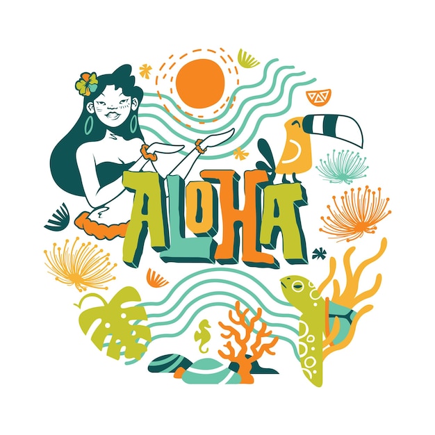 Letnia Ilustracja Aloha Z Projektem Elementów świata Morskiego