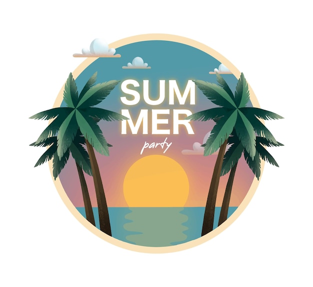 Letnia impreza z palmami i morzem na okrągłej ilustracji o zachodzie słońca