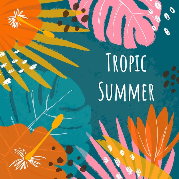 Letnia karta abstrakcyjna z risografią i typografią Tropical leaves hibiscus blobs and scribbles in hand drawn style Brush strokes effect Template for social media banner cover poster sales