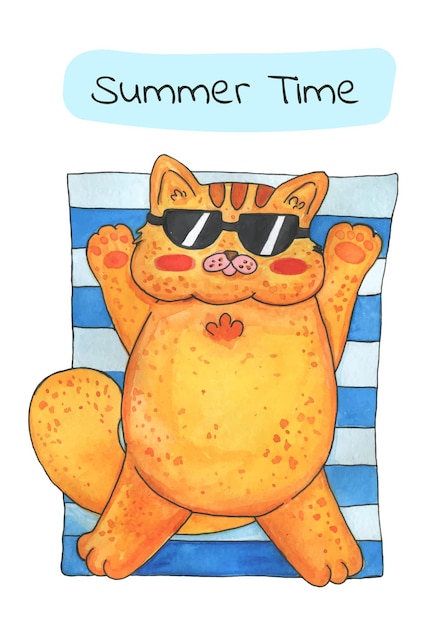 Plik wektorowy letnia kartka z kotem rudy gruby kot opalający się w słońcu akwarela
