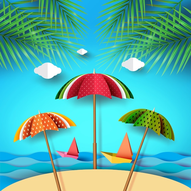 Letnia plaża i kolorowe owoce parasol
