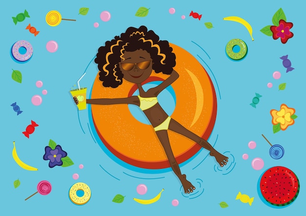 Plik wektorowy letnia szczęśliwa dziewczyna w basenie na nadmuchiwanym pierścieniu odpoczywa z owocowymi słodyczami i napojami