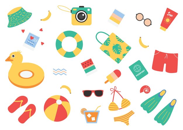 Letnie elementy podróży Akcesoria letnich plaży Zestaw ilustracji wektorowych w stylu kreskówek