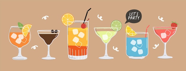 Letnie koktajle ustawiają napoje alkoholowe w różnych kieliszkach karta ilustracji menu koktajlowego