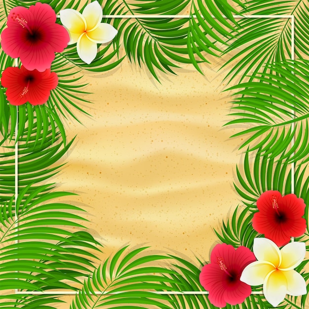 Letnie tło z palmami i hawajskimi kwiatami hibiskusa frangipani i liści palmowych na piaszczystym tle ilustracji