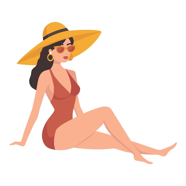 Plik wektorowy letnie wakacje dziewczyna opalająca się w kostiumie kąpielowym pozująca z kapeluszem odpoczywa
