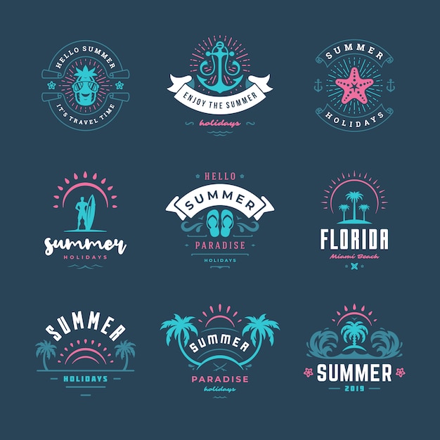 Plik wektorowy letnie wakacje logo retro typografia projektowanie zestaw.