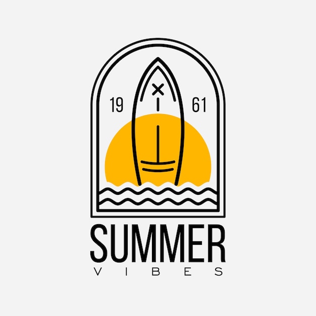 Plik wektorowy letnie wibracje logo vintage z deską surfingową i zachodem słońca. logo wektor.