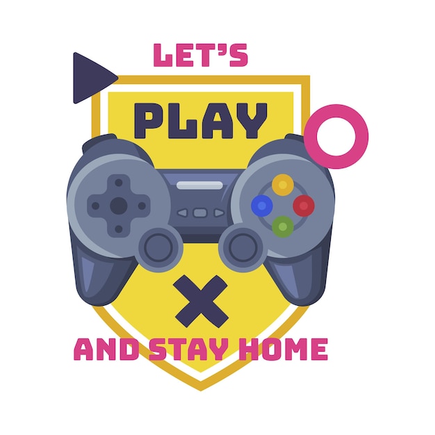Lets Play and Stay Home Logo Joysticks Gamepad z sloganem Tekst drukowanie ilustracja wektorowa kreskówka