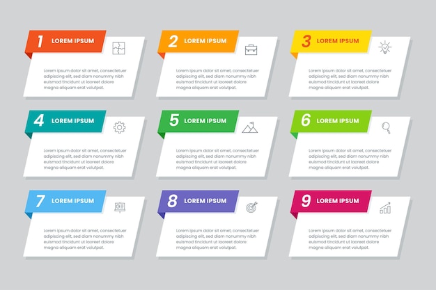Liczbowa infografika dla opcji biznesowych etapów procesów