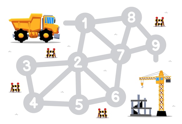 Plik wektorowy liczby labiryntu dla dzieci pomagają ciężarówce przemieszczać się na miejsce drukowalne arkusze transportowe