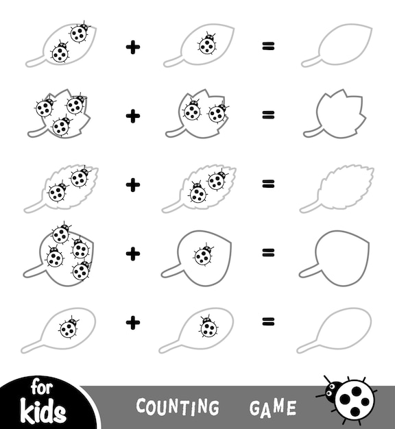 Plik wektorowy liczenie – gra matematyczna dla dzieci w wieku przedszkolnym policz chrząszcze na liściach i zapisz wynik w arkuszu dodawania