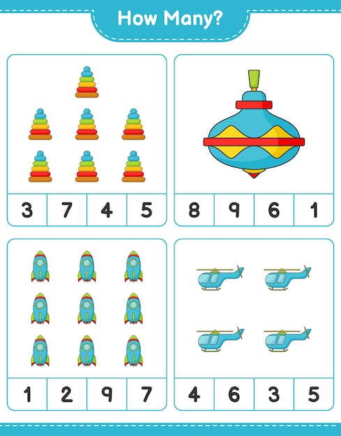 Liczenie Gry, Ile Piramida Zabawka Whirligig Toy Rocket And Helicopter Gra Edukacyjna Dla Dzieci Do Druku Arkusza Wektorowego Ilustracja
