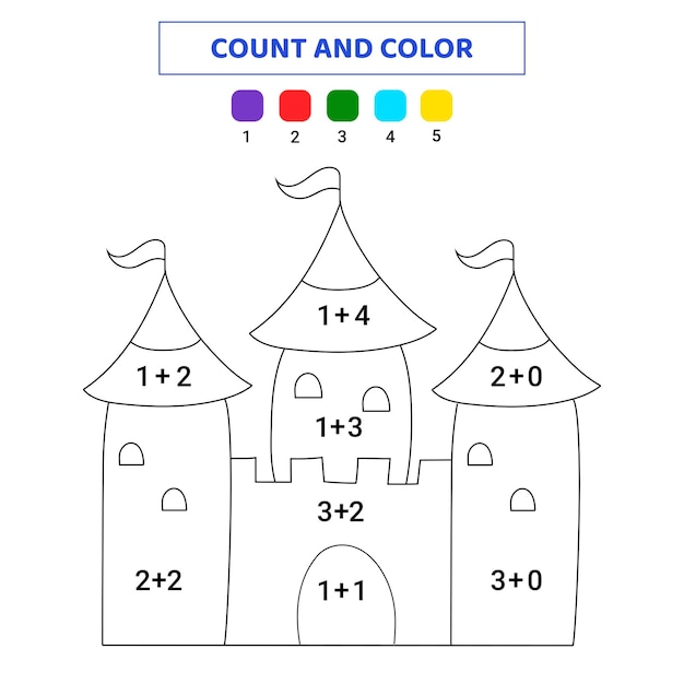 Liczenie I Kolorowanie Uroczy Zamek Gra Matematyczna Dla Dzieci Doodle Ilustracja Izolowana Na Białym Tle