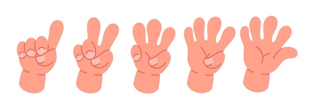 Plik wektorowy liczenie rąk komiksów ręce w rękawiczkach komiksowych liczą od jednego do pięciu kreskówek urocze dłonie płaskie ilustracje wektorowe zestaw liczenia rąk z komiksów