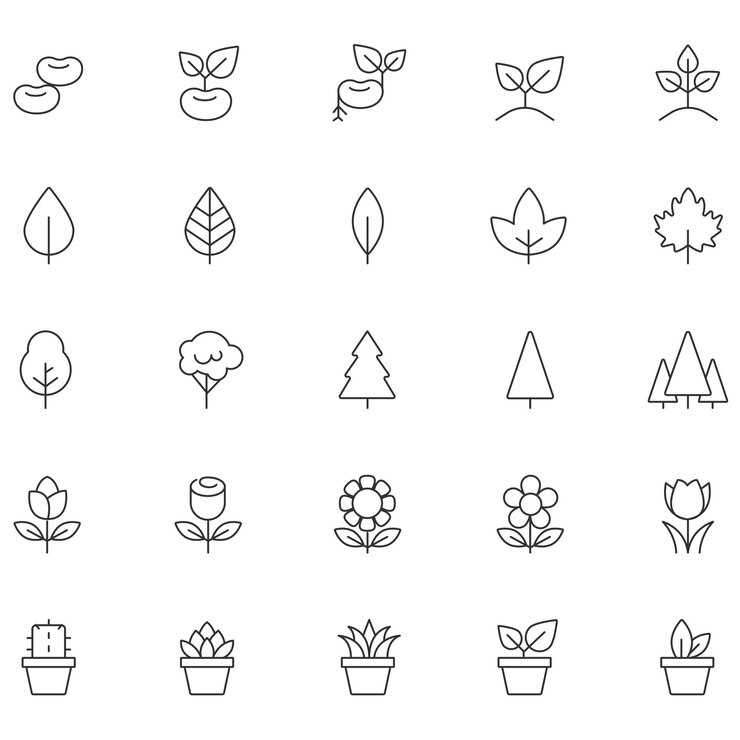 Line Art Ikony roślin Wektory Drzewa Liście Kwiaty Krzewy Ikony przyrody