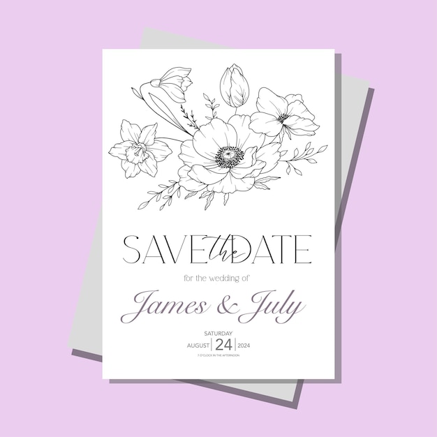 Line Art Kwiaty wiosenne Szablon zaproszeń ślubnych Kwiaty konturowe Minimalistyczny projekt ślubny wiosna