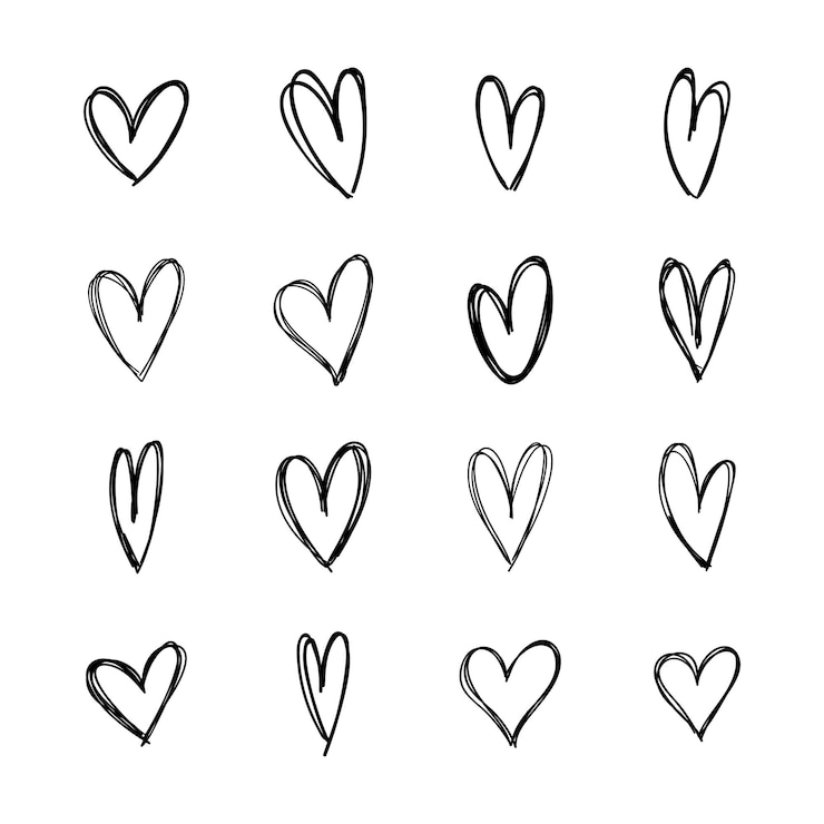 Wektor linear sketched heart icon grunge style line hearts kolekcja