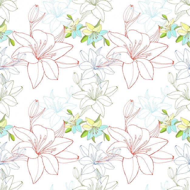 Plik wektorowy lineart lily, seamless pattern