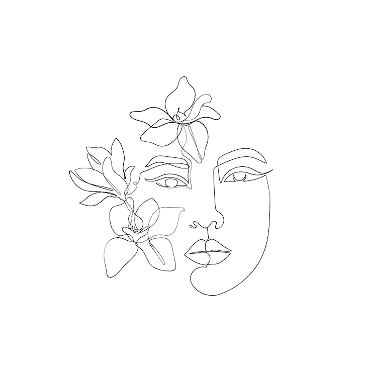 Wektor lineart twarz kobiety azjatyckie kobiety rysowane w jednej linii kwiaty magnolii styl boho na zaproszenia biznesowe cenniki i karty