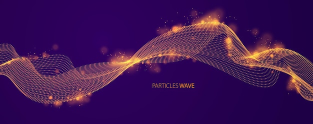 Linia Fali Płynących Cząstek Na Ciemnym Tle Streszczenie Wektor, Gładki Krzywy Kształt Lśniące Kropki Płynnej Tablicy. 3d Kropki Mieszane Siatki, Relaksująca Tapeta Przyszłości Technologii.