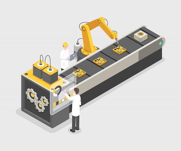 Linia montażowa gadżetów technologicznych, proces produkcyjny. Inżynierowie pracujący w zakładzie przemysłowym