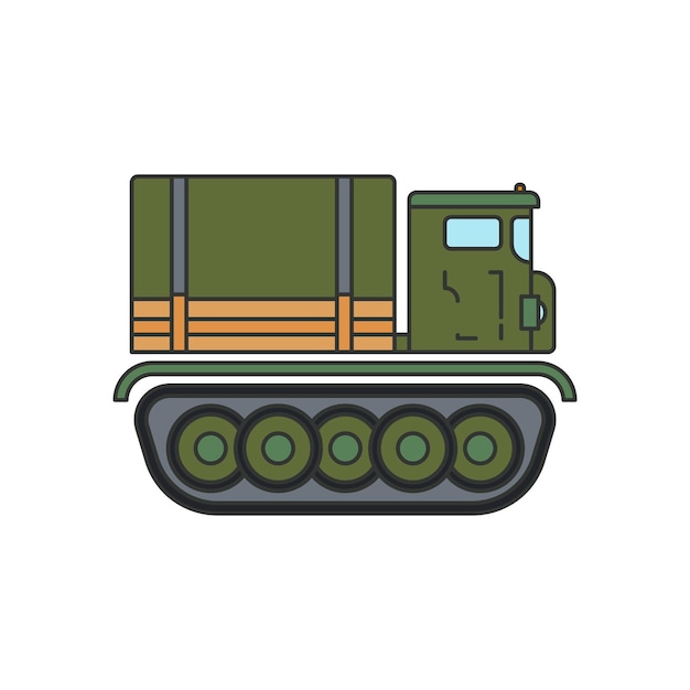Plik wektorowy linia płaski kolor wektor ilustracja ikona piechota szturm armia artyleria traktor pojazd wojskowy prosty styl retro żołnierze wyposażenie korpus pancerny uzbrojenie ciągnik jednostka gąsienicowa holowanie wojna