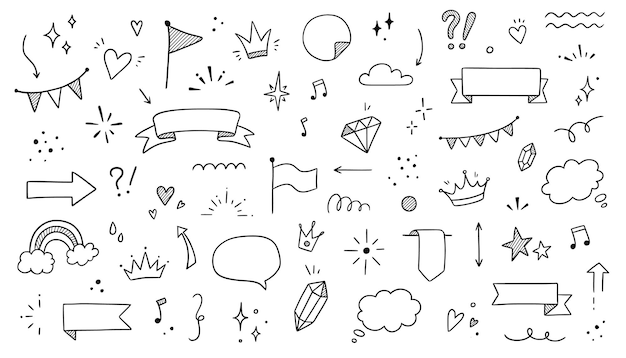 Linia ramki blask wstążki ręcznie rysowane doodle zestaw elementów Strona dekoracji gwiazda serce element doodle szkic kolekcja izolowany