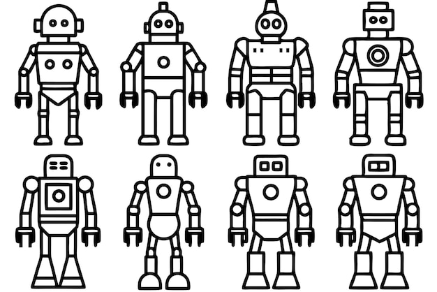 linia robotów z różnymi postaciami na nich