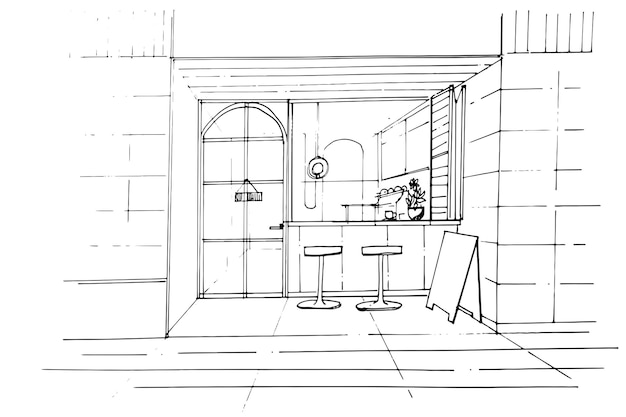 Linia szkicu z przodu kawiarninowoczesny designvector2d illustration