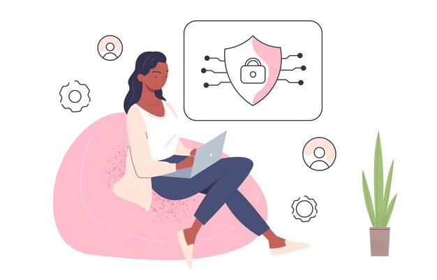 Plik wektorowy liniowa koncepcja dostępu do danych kobieta z laptopem siedząca na krześle ochrony danych osobowych i bezpieczeństwa