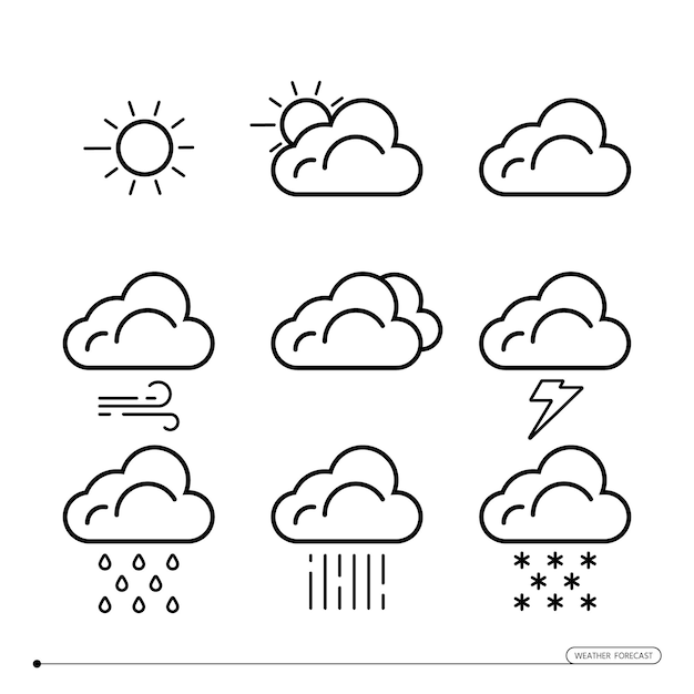 Plik wektorowy liniowe ikony prognozy pogody ustawione na biało