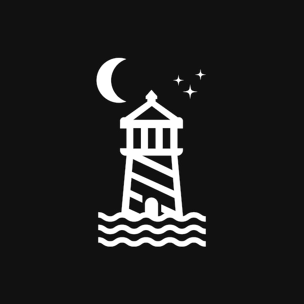Liniowe Logo Latarni Morskiej Z Projektem Wektora Fali Na Czarnym Tle