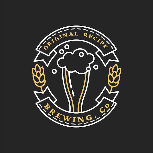 Plik wektorowy liniowe złote logo browaru. szklanka piwa i chmielu