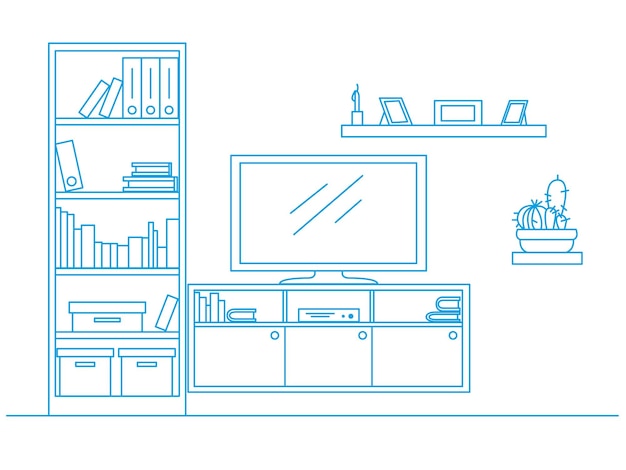 Liniowy Szkic Wnętrza Narysowany Niebieskim Piórem Komoda Z Telewizorem I Półkami Ilustracja Wektorowa