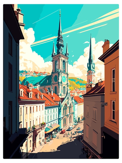 Plik wektorowy linz austria vintage plakat podróżniczy z pamiątkami pocztówka portret malarstwo wpa ilustracja